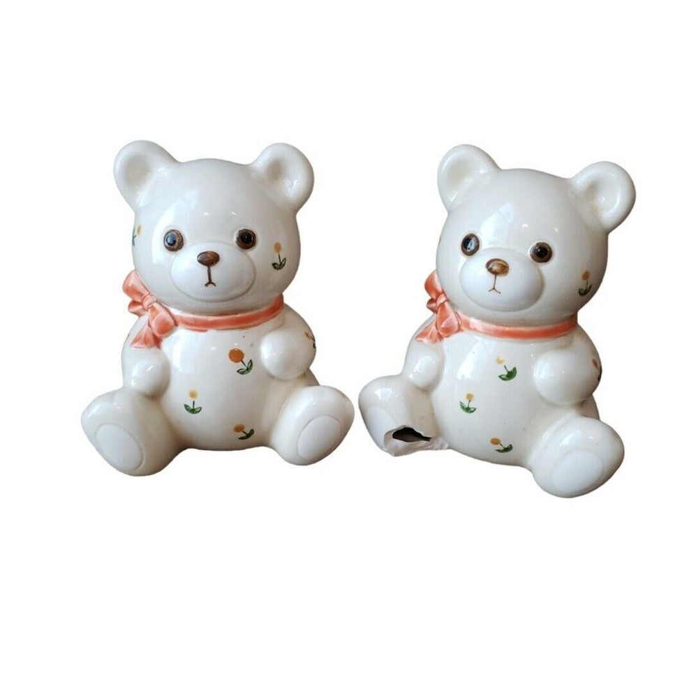 Vintage Otagiri Japan Teddy Bear Ribbon Flowers Salt and Pepper Shakers Read